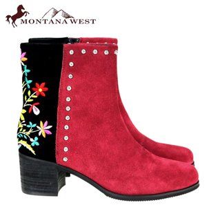 Montana West Trinity Ranch Color Block Embroidered Red & Black Suede Booties NWT